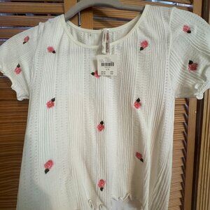 Anthropologie Ivory Ribbed Knit Rose Embroidered Top S M NWT Lettuce Hem